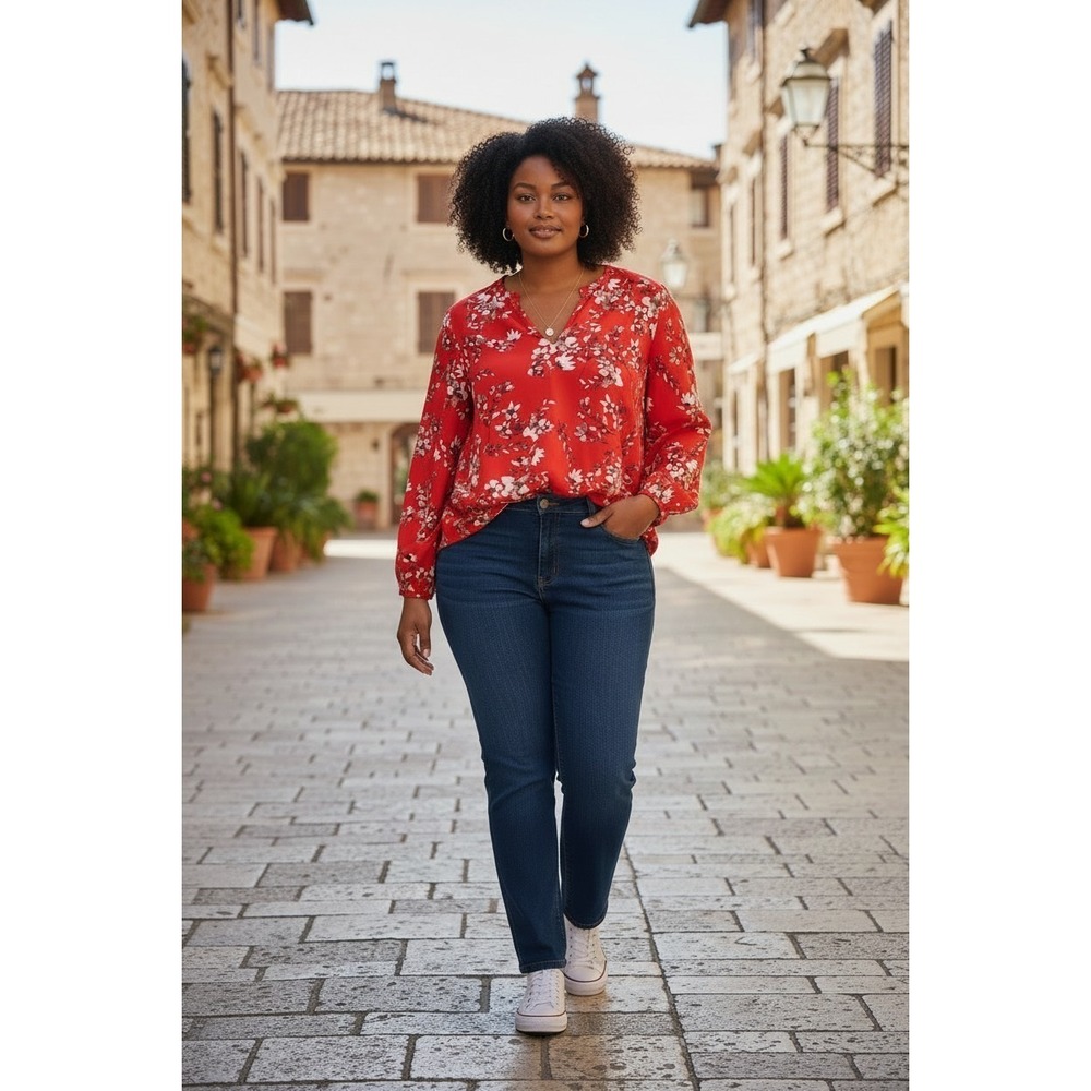 AVA & VIV  SIZE 2X‎ WOMEN'S BLOUSE  RED WHITE  FLORAL LONG SLEEVE BOHO PEASANT